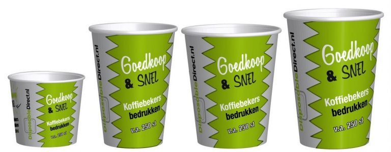 Bedrukte koffiebekers in verschillende formaten goedkoop en van uitstekende kwaliteit